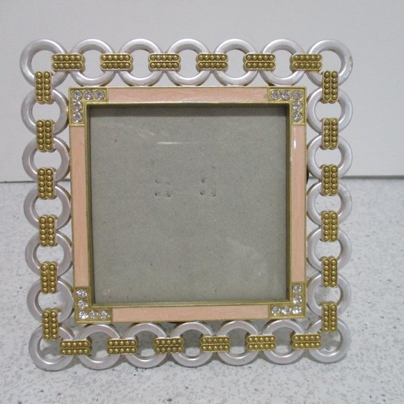 *Decorative Goldtone Peach Enamel and Silver Rhinestone Accent Square Frame - Picture 2 of 5